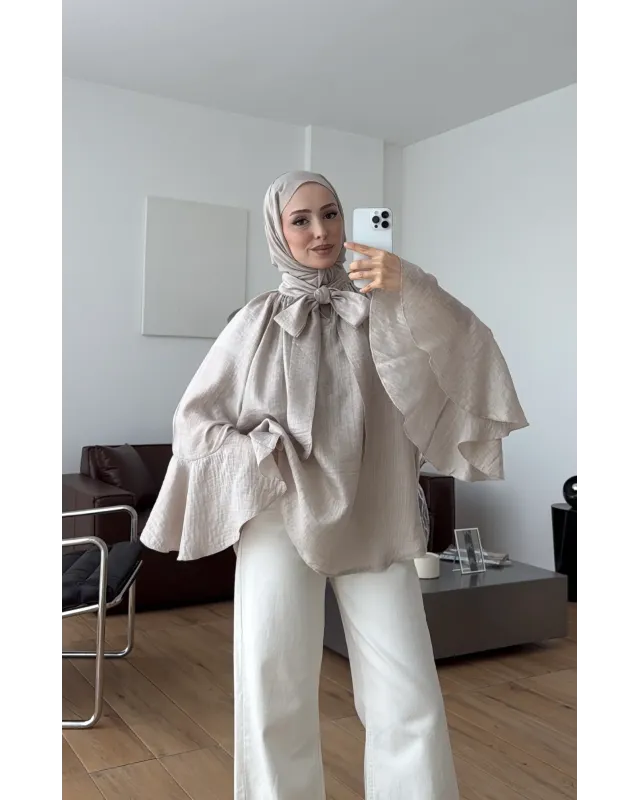 Soft Greige  Shirt with Ruffled Sleeves