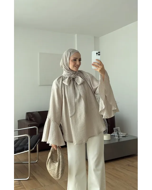 Soft Greige  Shirt with Ruffled Sleeves
