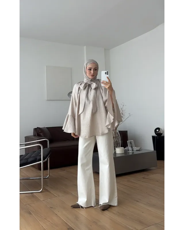 Soft Greige  Shirt with Ruffled Sleeves