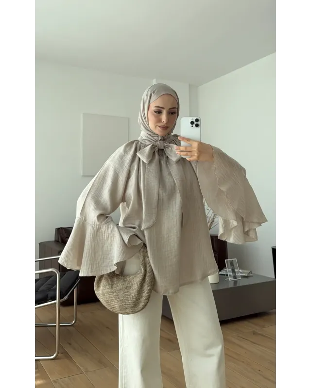 Soft Greige  Shirt with Ruffled Sleeves