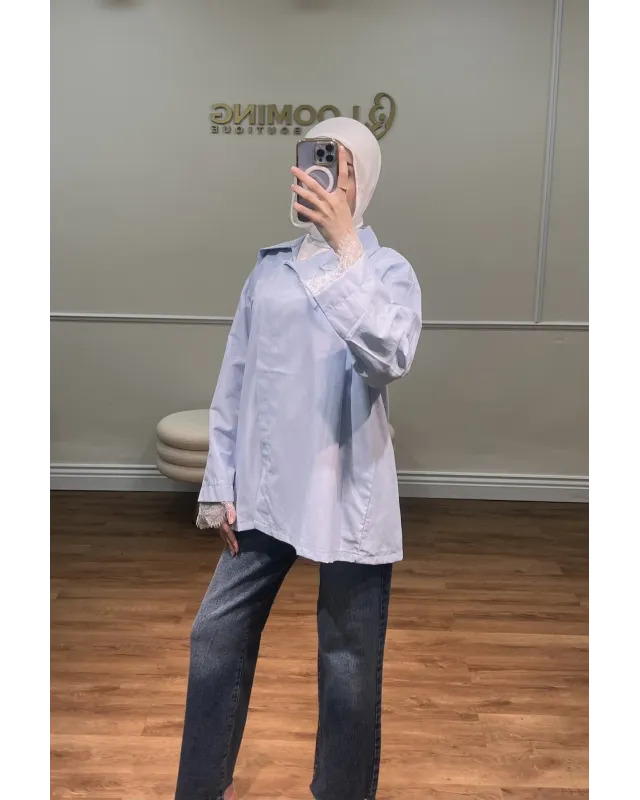 قميص سادة بأكمام مزينة بالدانتيل - ازرق فاتح