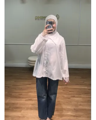 قميص سادة بأكمام مزينة بالدانتيل -  ابيض