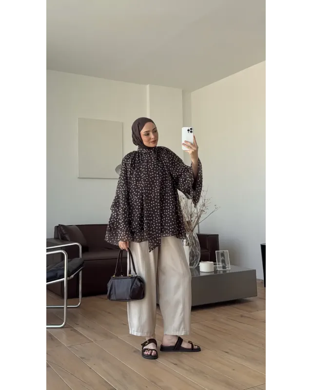 Brown Polka Dot Ruffle Sleeve Shirt Brown Polka Dot Ruffle Sleeve Shirt