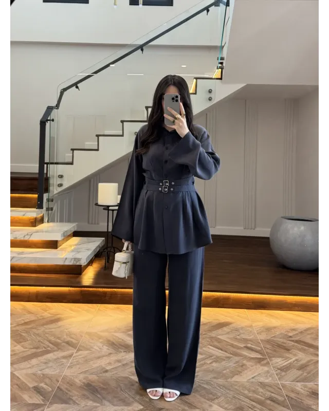 Petrol Blue Belted Pleated Set Petrol Blue Belted Pleated Set