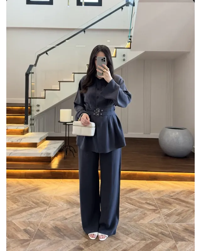 Petrol Blue Belted Pleated Set Petrol Blue Belted Pleated Set
