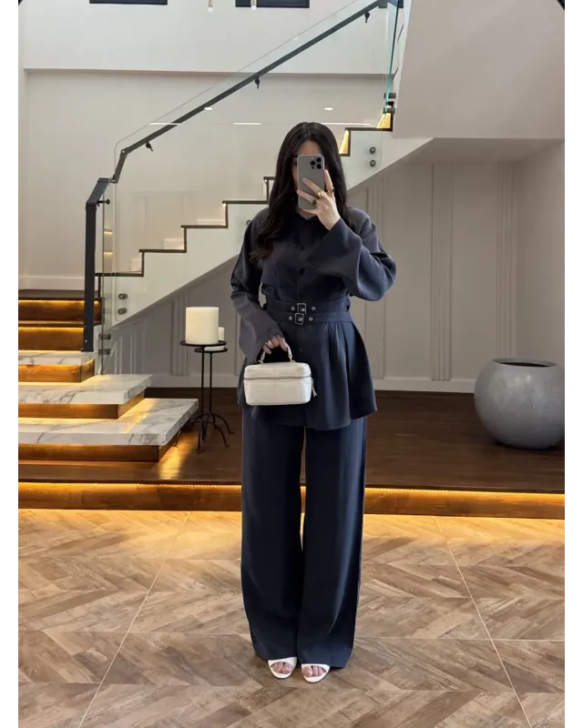 Petrol Blue Belted Pleated Set Petrol Blue Belted Pleated Set