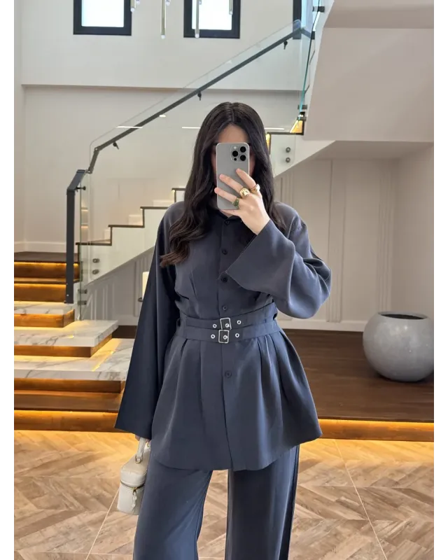 Petrol Blue Belted Pleated Set Petrol Blue Belted Pleated Set