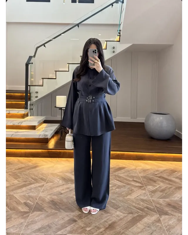 Petrol Blue Belted Pleated Set Petrol Blue Belted Pleated Set