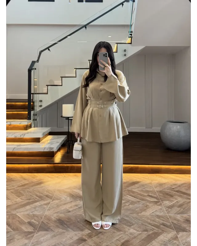 Almond Green Belted Pleated Set