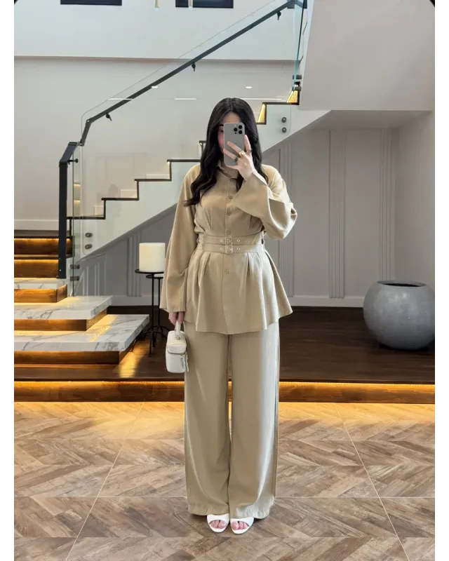 Almond Green Belted Pleated Set