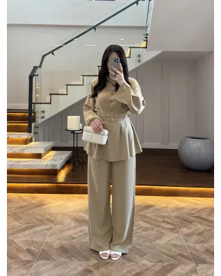 Almond Green Belted Pleated Set