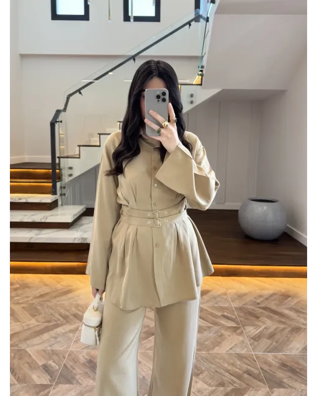 Almond Green Belted Pleated Set
