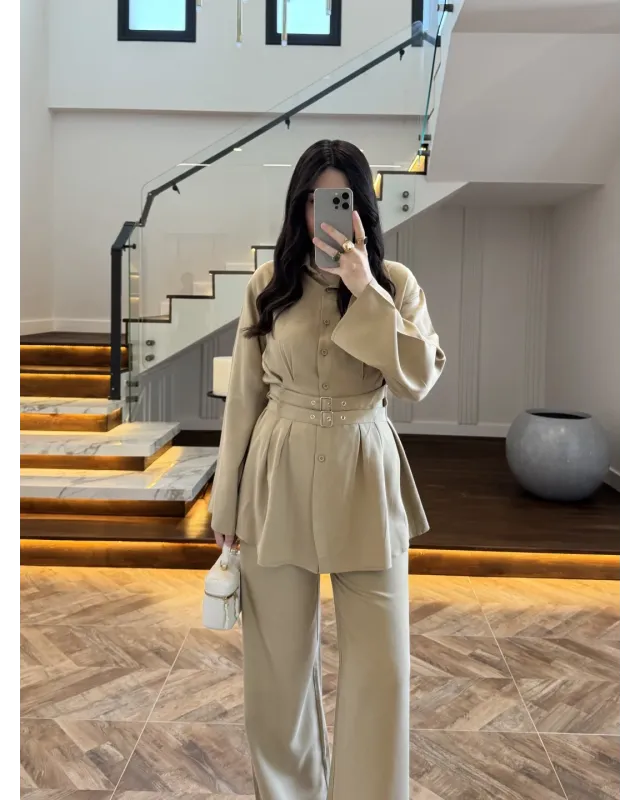 Almond Green Belted Pleated Set