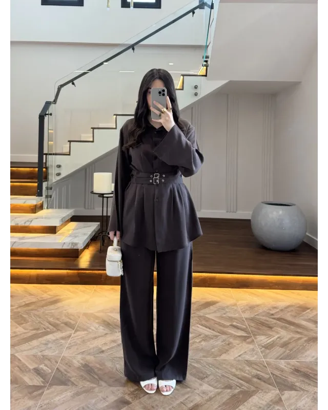 Coffee Brown Belted Pleated Set