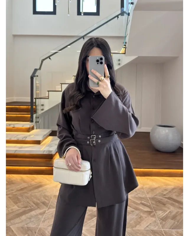 Coffee Brown Belted Pleated Set