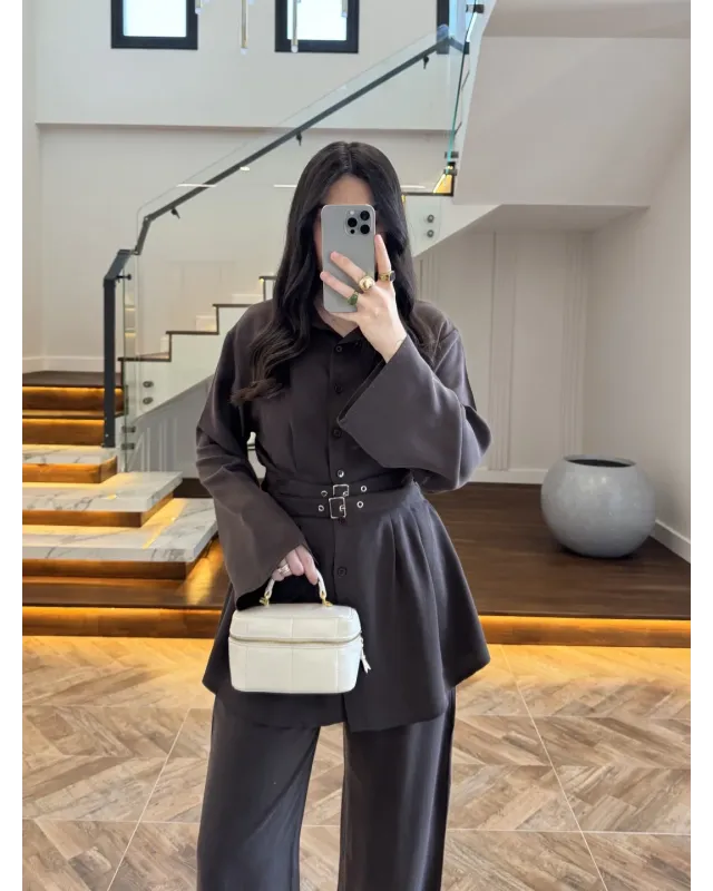 Coffee Brown Belted Pleated Set