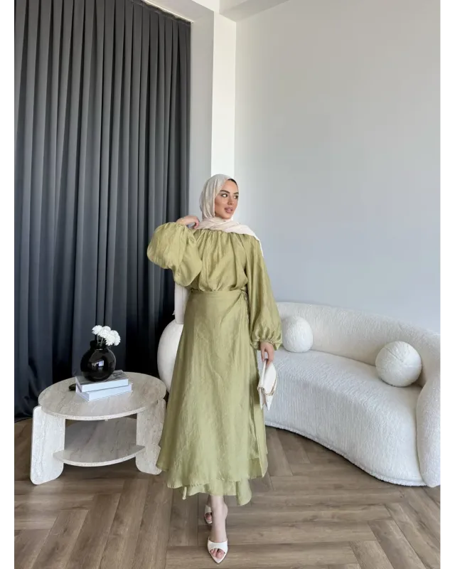 Puff Sleeve Skirt Set– Green