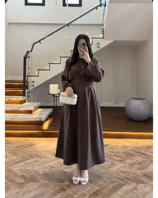 Coffee Brown Pleated Detail Dress