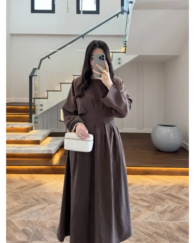 Coffee Brown Pleated Detail Dress