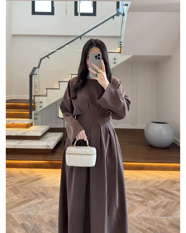 Coffee Brown Pleated Detail Dress