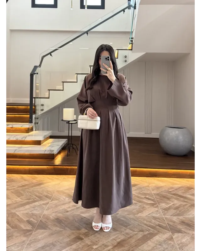 Coffee Brown Pleated Detail Dress