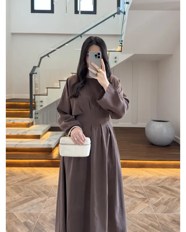Coffee Brown Pleated Detail Dress