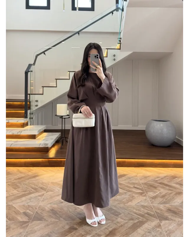 Coffee Brown Pleated Detail Dress