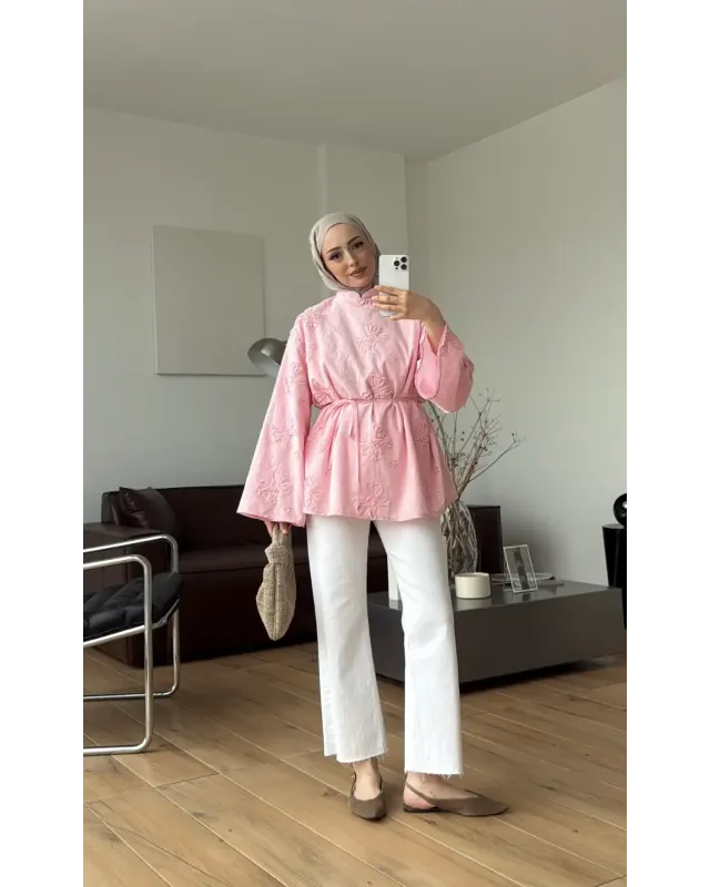 Pink lace Mandarin Collar Blouse