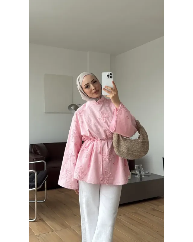 Pink lace Mandarin Collar Blouse