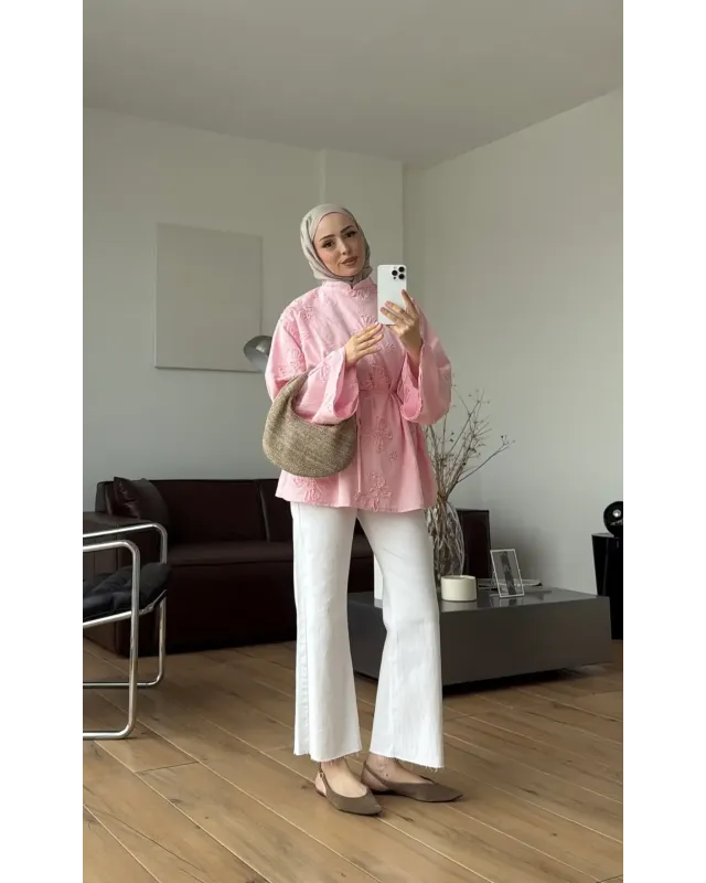 Pink lace Mandarin Collar Blouse