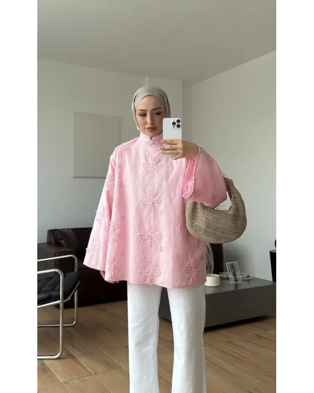 Pink lace Mandarin Collar Blouse