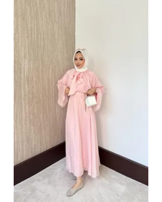 Pink Vual Dress with Tie Neck Detail
