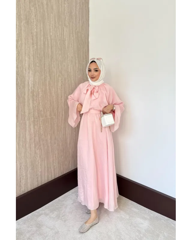 Pink Vual Dress with Tie Neck Detail