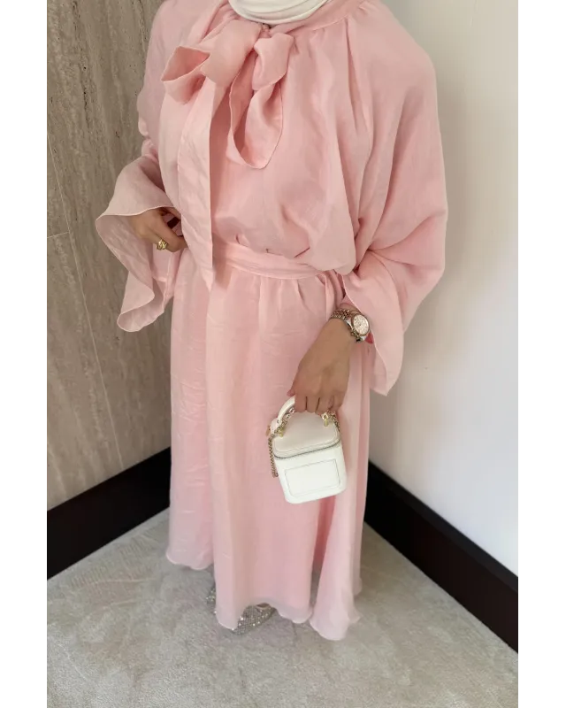 Pink Vual Dress with Tie Neck Detail