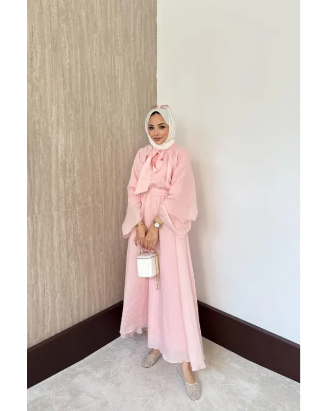 Pink Vual Dress with Tie Neck Detail