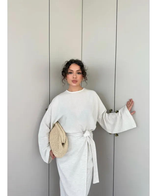 Side-Tied Skirt Set – Beige