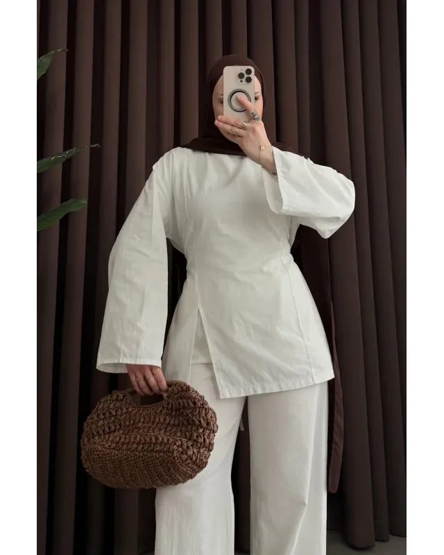 White Linen Two-Piece Set with Side Slit Detail