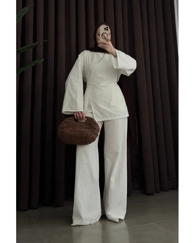 White Linen Two-Piece Set with Side Slit Detail