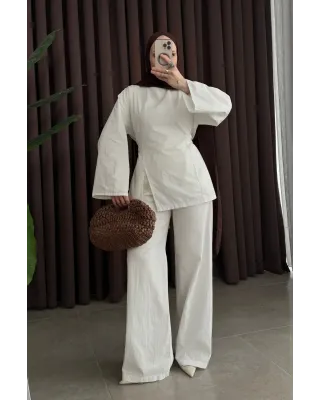 White Linen Two-Piece Set with Side Slit Detail