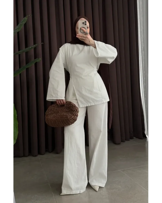 White Linen Two-Piece Set with Side Slit Detail