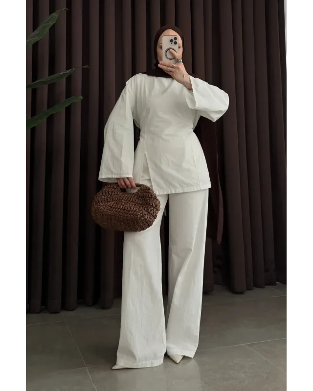 White Linen Two-Piece Set with Side Slit Detail