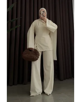 Beige Linen Two-Piece Set with Side Slit Detail