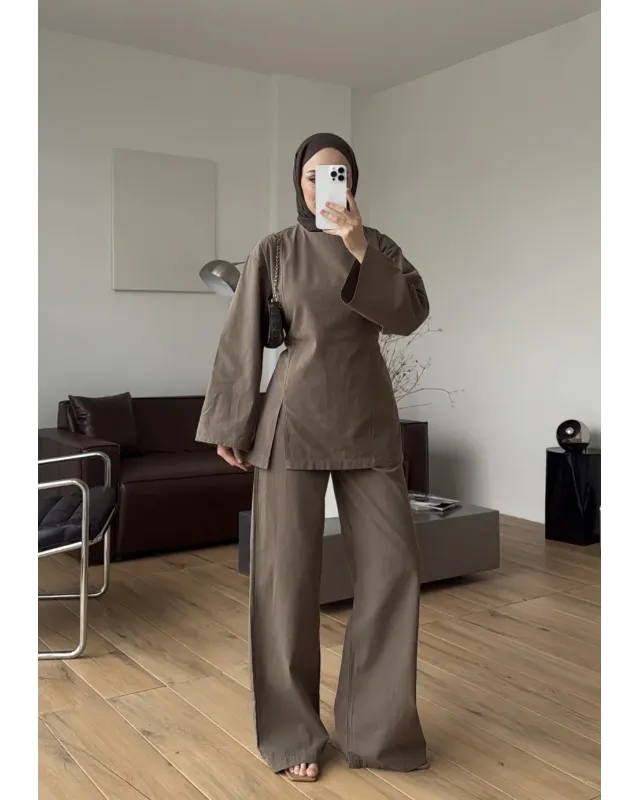 Light Brown Linen Two-Piece Set with Side Slit Detail