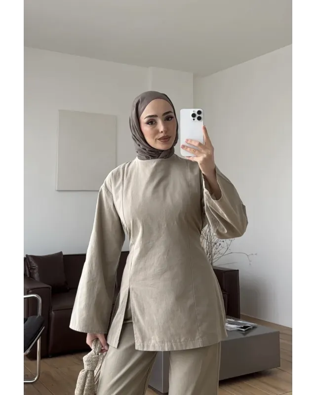 khaki Linen Two-Piece Set with Side Slit Detail