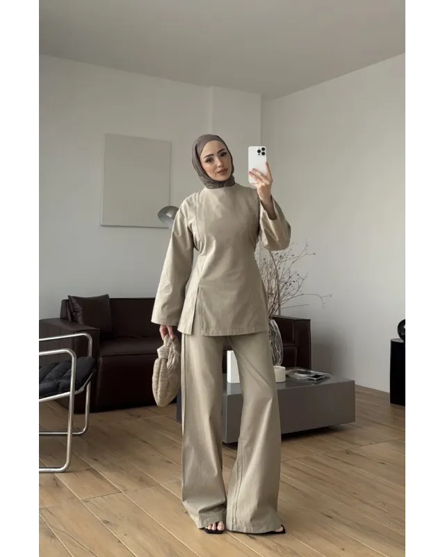 khaki Linen Two-Piece Set with Side Slit Detail