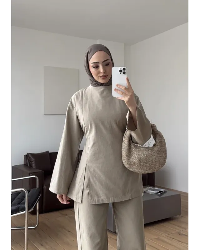 khaki Linen Two-Piece Set with Side Slit Detail
