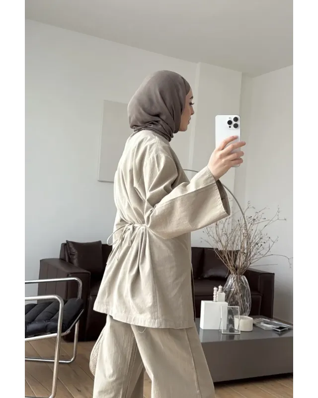 khaki Linen Two-Piece Set with Side Slit Detail