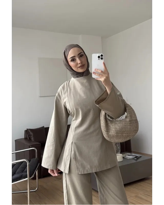 khaki Linen Two-Piece Set with Side Slit Detail