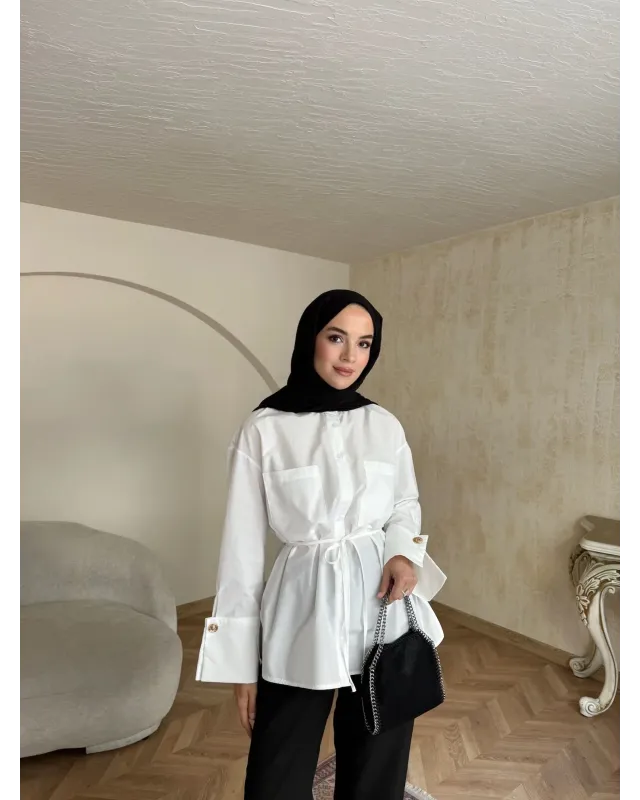 Golden Accent Belted Shirt -White