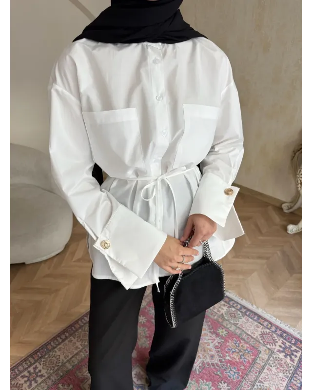Golden Accent Belted Shirt -White